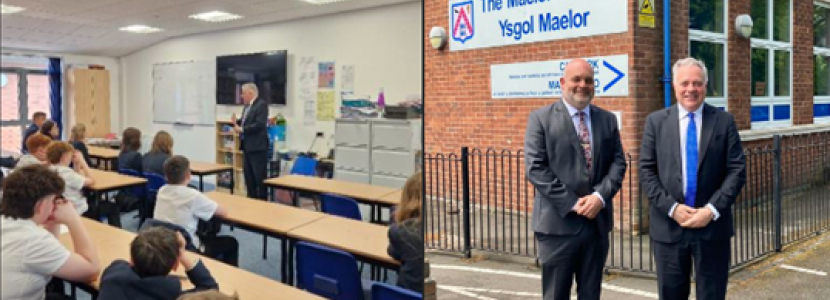 Simon Baynes MP (left) with students at the Maelor School and (right) with Headteacher Simon Ellis