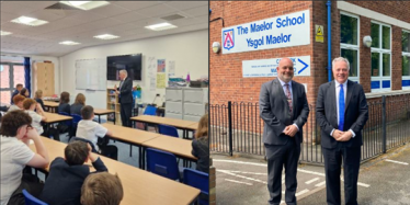 Simon Baynes MP (left) with students at the Maelor School and (right) with Headteacher Simon Ellis